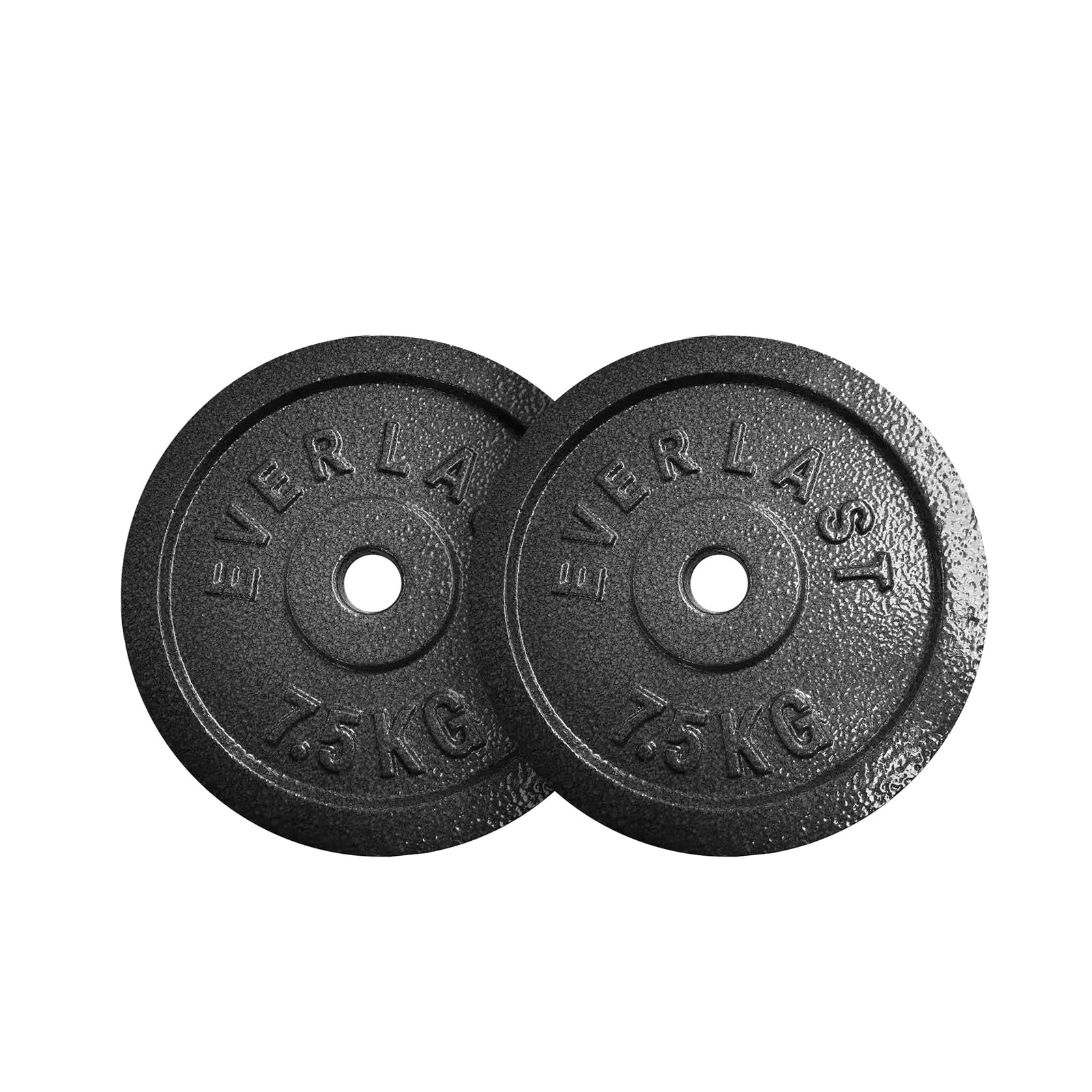 Two black cast iron weight plates with 'Everlast' branding and a weight indication of 7.5KG on them.
